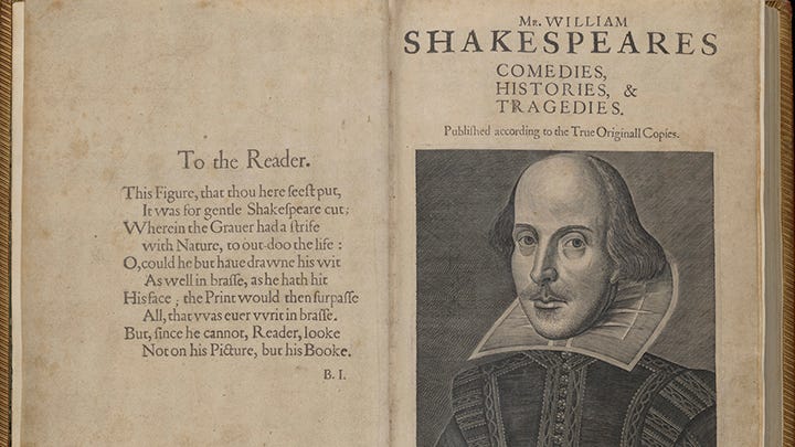 1623 book with image of partially bald man in high collar and Elizabethan jacket. Title page reads "Mr. William Shakespeares Tragedies Comedies, Histories & Tragedies: Published according to the two original copies"