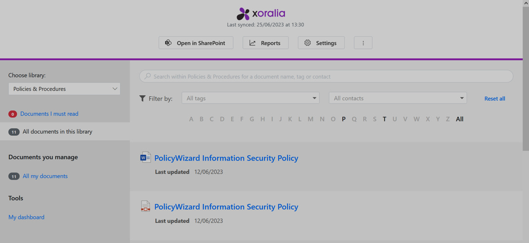 A view of the PolicyWizard Policy Repository on the Xoralia solition