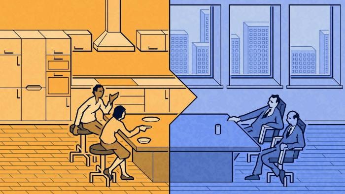Matt Kenyon illustration of two women debating at a kitchen table, with two businessmen listing to them while sat an boardroom table