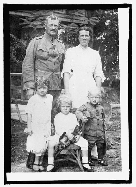 Pershing family photo: General Pershing, standing in uniform with wife, Helen Frances Pershing. Standing in front are children Helen Elizabeth (approximate age 5), Warren (3) and Anne (1). Mary, the youngest had not yet been born.