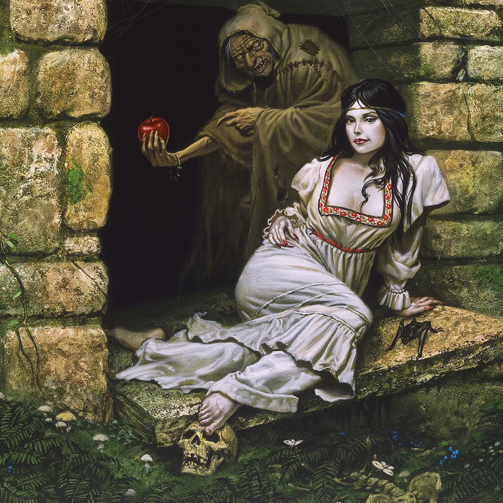 Detail of ghastly pale woman and a hag proffering a perfect red apple