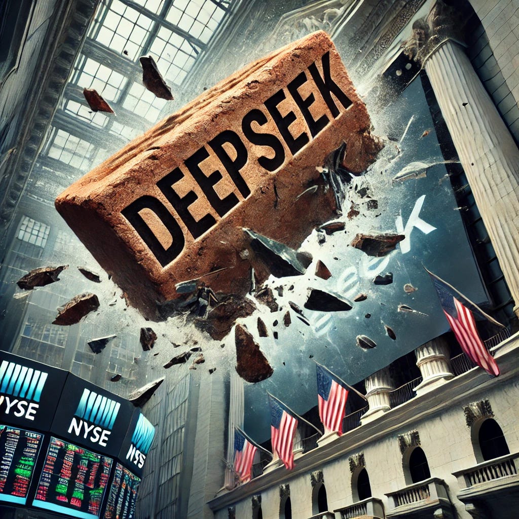 A symbolic representation of disruption in financial markets: a detailed image of a large brick with the words 'DeepSeek' clearly written in bold, legible, and highly visible letters. The brick is crashing through the glass facade of the New York Stock Exchange (NYSE). The shattered glass is mid-air, and the brick is about to hit a high-tech trading screen displaying dynamic market data. The scene is dramatic and emphasizes impact, with a modern financial environment as the backdrop.