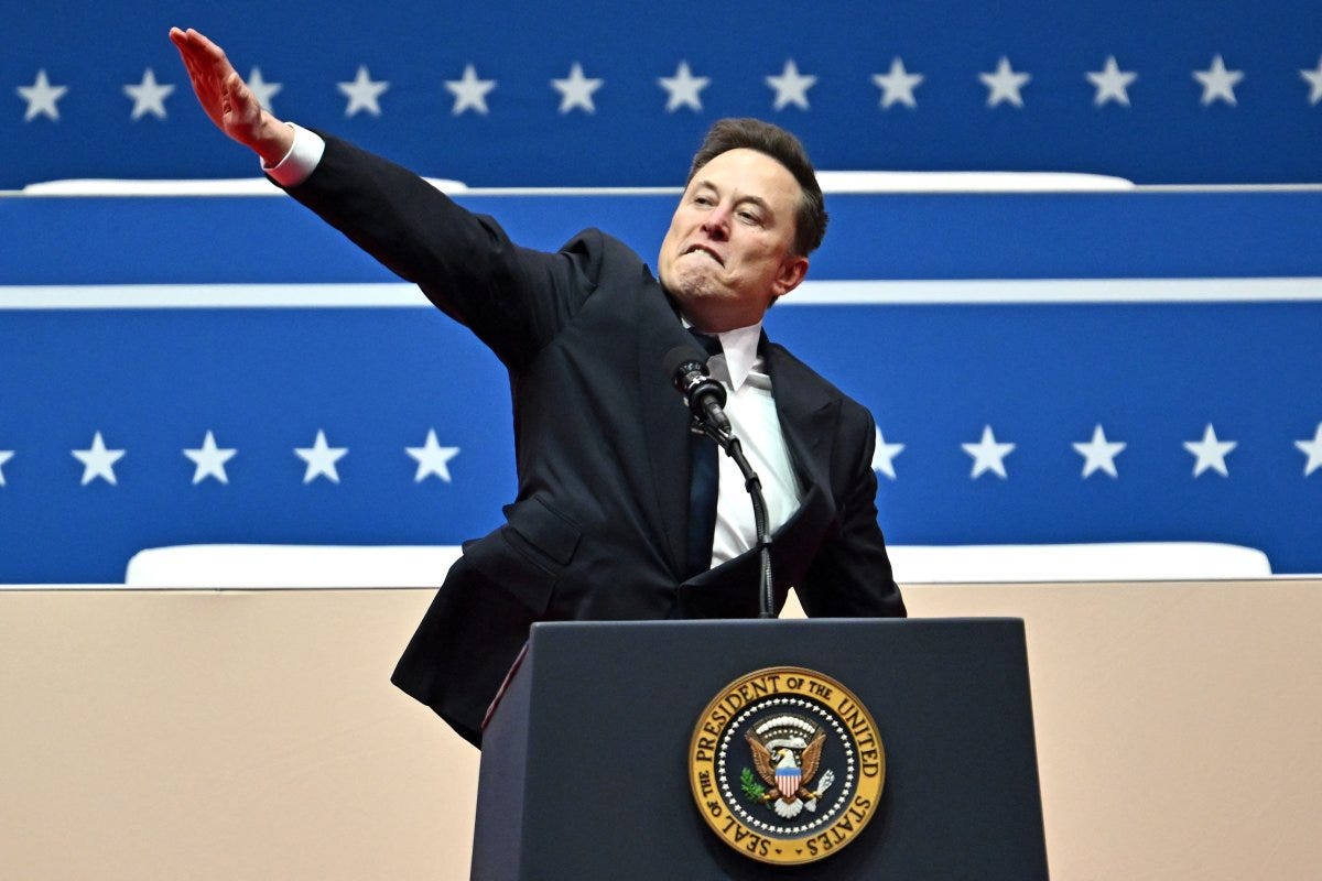 Elon Trump does a Nazi salute at a Presidential podium.