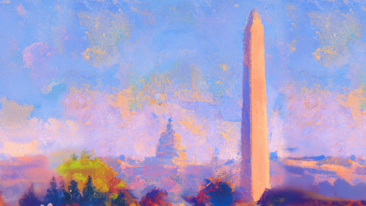 Impressionist-style painting of the Washington Monument at sunrise, with the U.S. Capitol faintly visible in the background and colourful trees in the foreground.