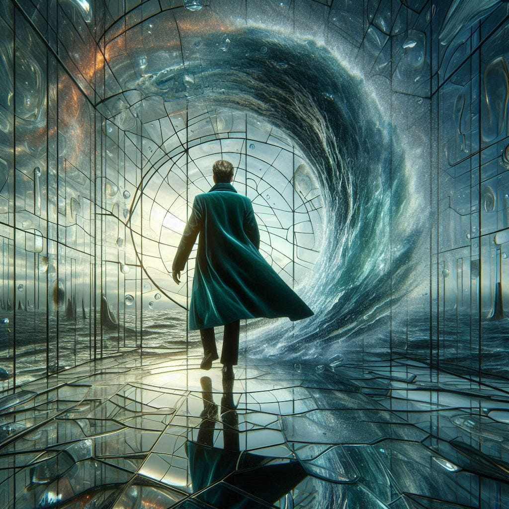 phylotaxis inside glass structure; tiltshift /Broken into fragments/ pieces/ 5d angle glass embedded / handsome middle aged man/ velvet bluegreen long coat/ black leather boots. water in resin/ ; he is at Monks mound at Cahokia / amber cream,Getting sucked into tornado full of fire/ reverberating waves. black hole in floor/ water in resin verdigris/ In the style of Michael Parkes. black etching/ black linework/ black sky 