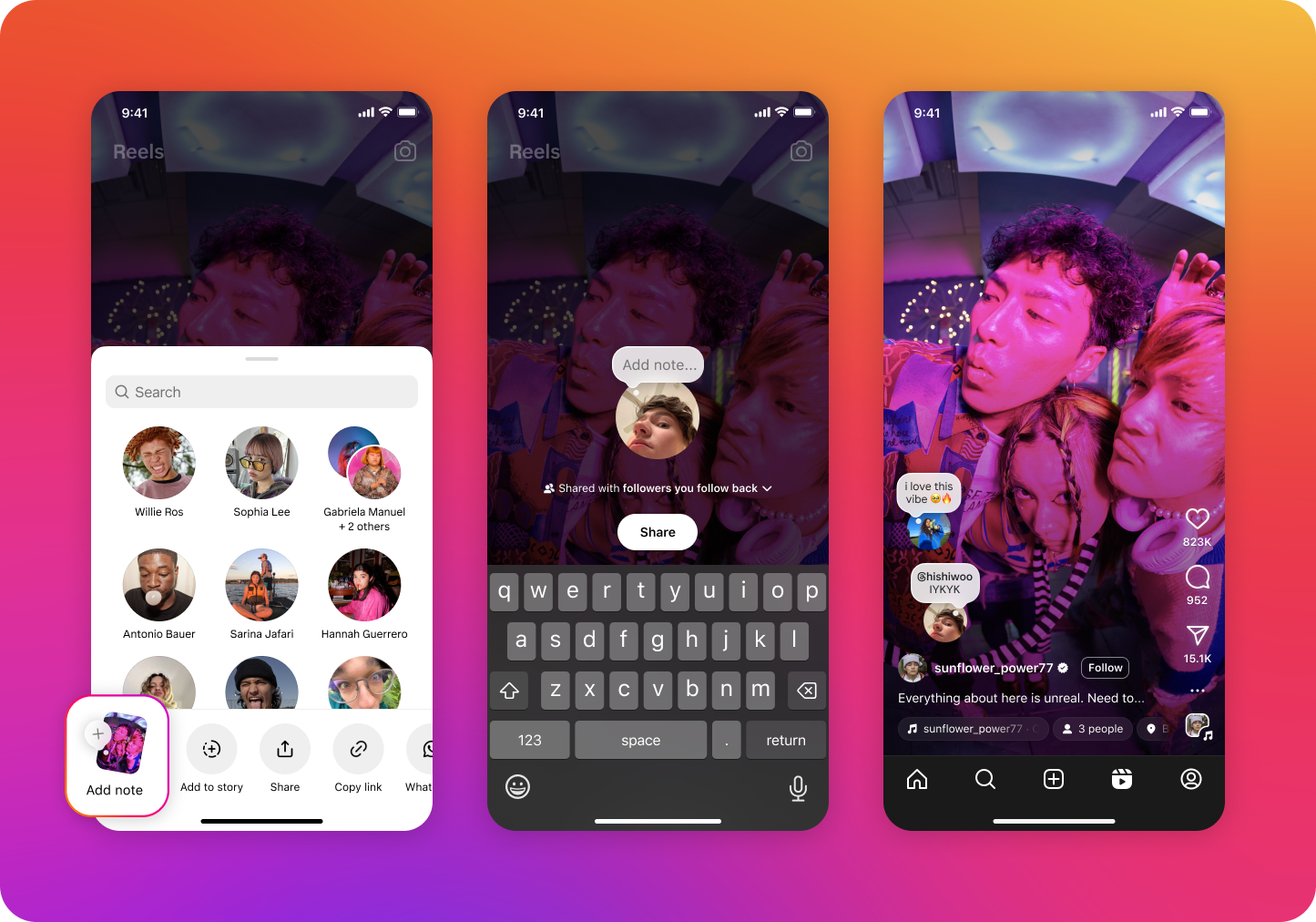 Screenshot of 3 mobile devices illustrating Instagram’s new Notes for Reels and Feed posts. Image on the left shows share page with avatars of friends. Navigation bar reads left to right: Add Note, Add to Story, Share, Copy Link… Middle mobile screen is an avatar with an empty Note field. Instructions read: Shared with followers you follow back. Call to action button reads: Share. Third screen on the right is a Reel of 3 people. First note reads: I love this vibe. Second note reads: @hishiwoo IYKYK. Username on the post is sunflower_power77. Caption reads: Everything about here is unreal.