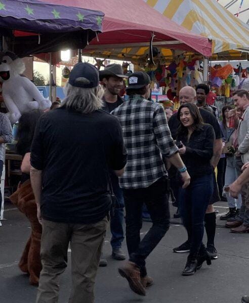 Ashley Reyes laughing with Jared Padalecki at bear prank shooting Walker 2.14.