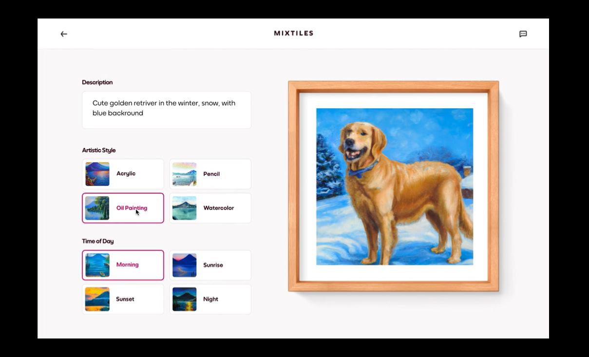 A photo of a wall art dog generated by Dall-E2 AI. Mixtiles website