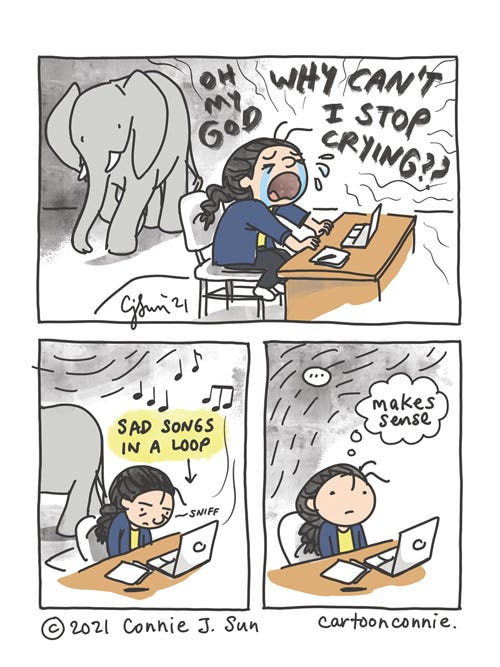 Sad Song Loop 3-panel comic of a girl with a braid sitting at a desk and crying a river, as an elephant ambles by, unfazed. Panel 1 text reads, "OH MY GOD WHY CAN'T I STOP CRYING??" Panel 2 shows a moment of reflective pause, music notes coming from her laptop, which are "sad songs in a loop." Elephant walks away, leaving the frame. In panel 3, girl is sedate and has stopped crying. After a beat, the thought bubble reads, "Makes sense." Diary comic strip by Connie Sun, cartoonconnie