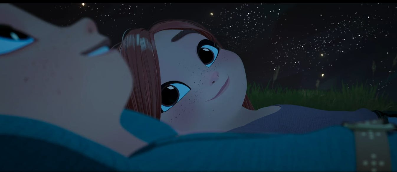Screenshot from the movie, showing young Nimona and Gloreth lying on th eground under a starry sky, Nimona looking at Gloreth with a gentle smile.