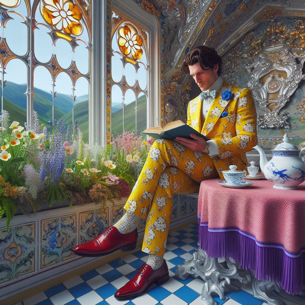 Hyper realistic; tilt shift;Heroic man in Yellow and cream Primrose print suit with redbrown itallian shoes. He is reading a book by a window. Fine bone china white with blue dragons, tea set on the table. Red checkered table cloth with purple fringe. with coral Quatrefoil: silver metal Gothic Tracery: Louver gold and opal decorative ceiling tiles. Hundertwasserhaus, Vienna, Austria: Tapestries of forget me nots and baby’s breath and Japanese  ..Vast distance.Radiant.Ethereal