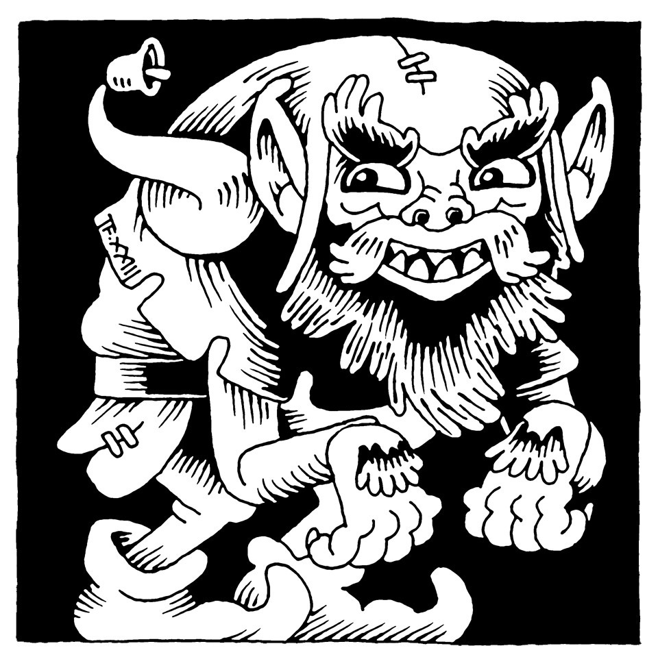 Traditionally hand drawn black and white illustration of a mischievous bearded man, with pointy ears, sharp teeth and curly toed shoes.