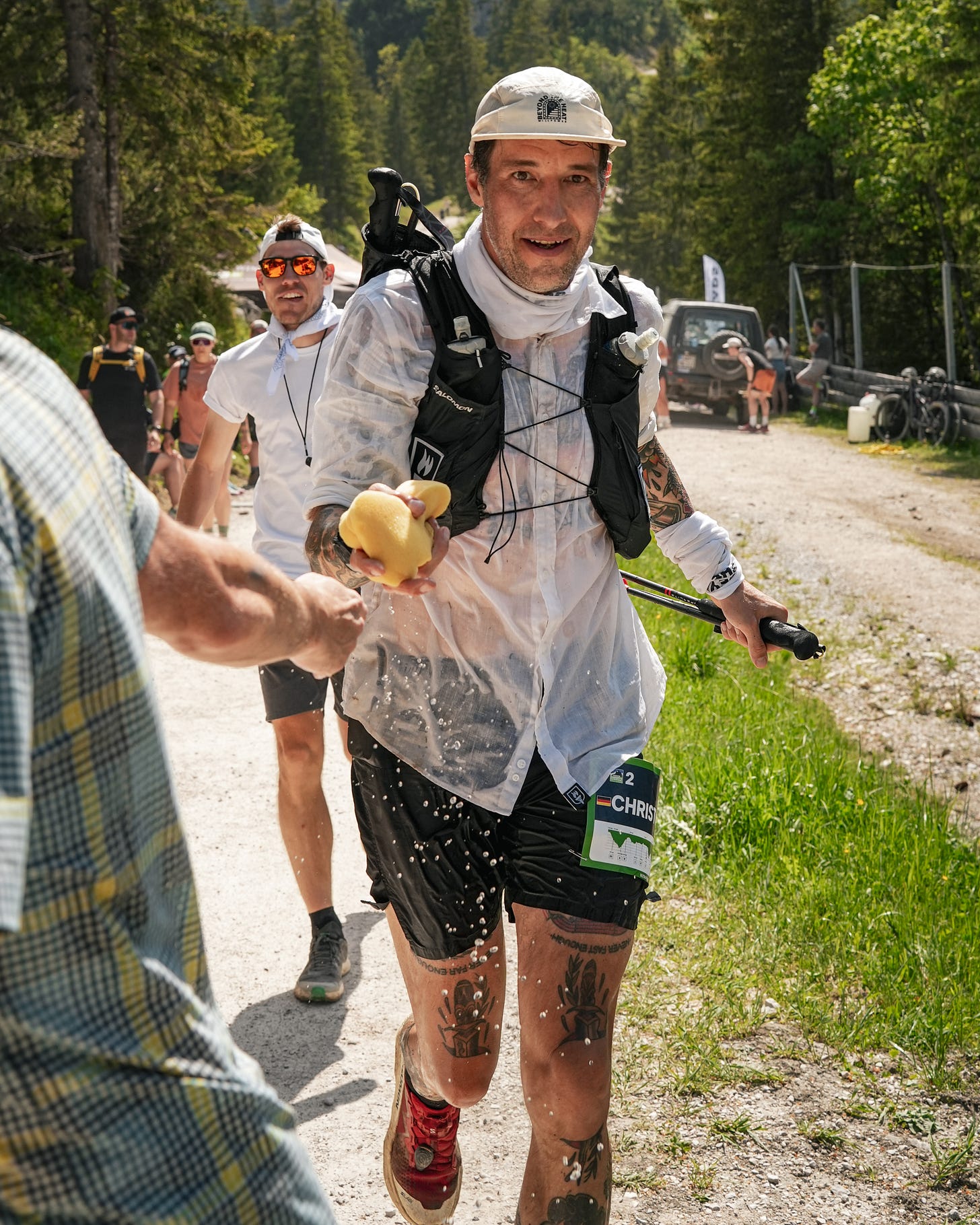 The author grabbing a sponge with water