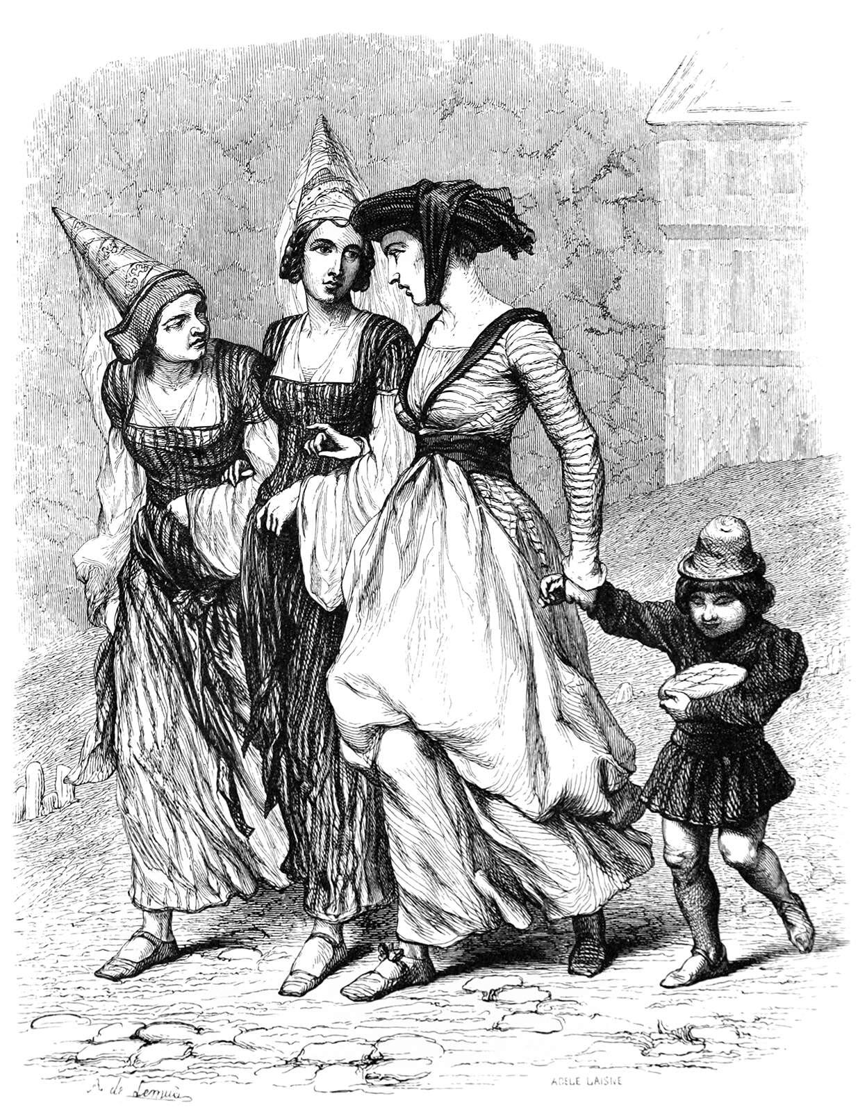 three medieval women walk through town with a child