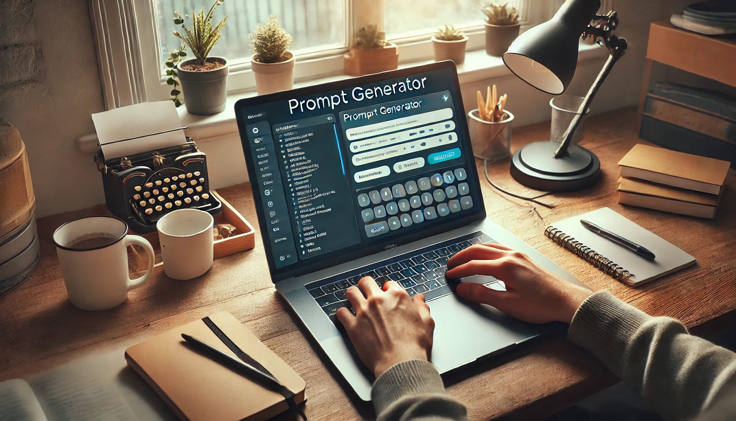 View from a person's perspective using a prompt generator on their laptop. The laptop screen shows a prompt generator interface similar to the one in the reference image. The surrounding environment is a cozy workspace with a coffee cup, notebook, and a plant on the desk. The room is well-lit with natural light coming through a window. The person's hands are typing on the laptop keyboard.