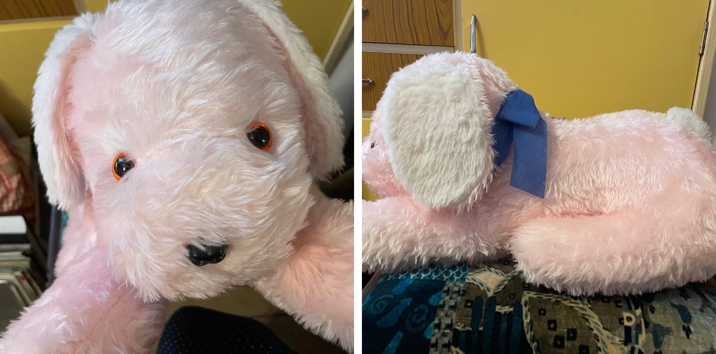 A large pink plush dog seen from the front and side.