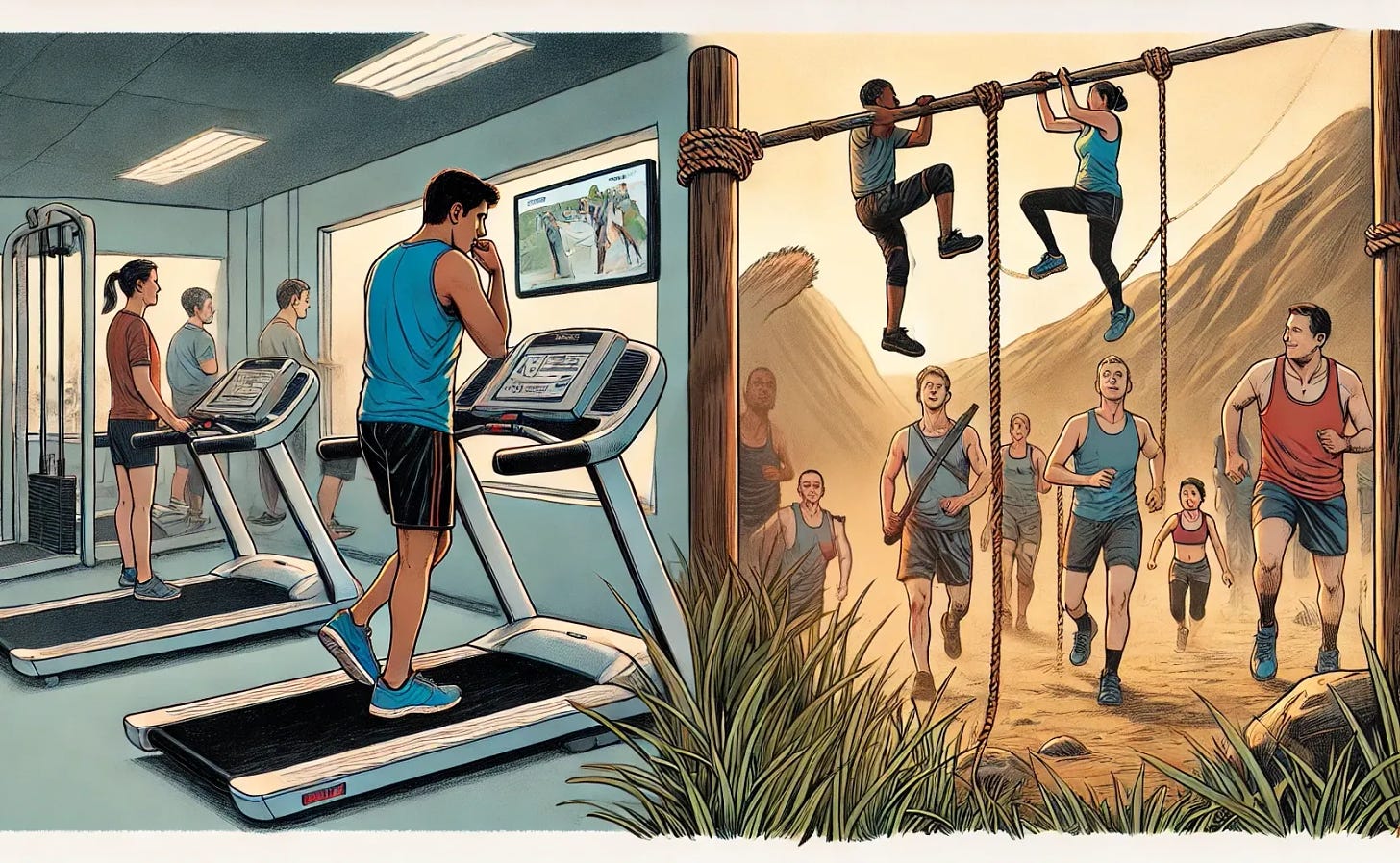 A landscape orientation illustration showing a split image. On the left side, a dull gym environment with treadmills and equipment but without any people, highlighting the feeling of emptiness and isolation. The atmosphere is somber and uninspiring. On the right side, an outdoor obstacle course race featuring an Indian man actively participating alongside others, climbing a rope wall and running with enthusiasm. The scene is lively and energetic, emphasizing camaraderie, challenge, and community spirit. The illustration highlights the transformation from an uninspiring gym setting to an exciting, motivating fitness environment. The style should be modern, clean, and motivational, reflecting personal growth and transformation.