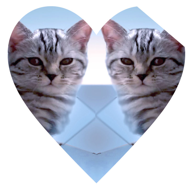 A gray tabby cat lounges in a glass bowl, the image is mirrored down the middle, so there are two lounging tabbies looking at us. The background is a cool blue gradient with geometric tiles and the entire image is vignetted by the shape of a heart with a diagonal fold or cut removing the heart’s top right curve.