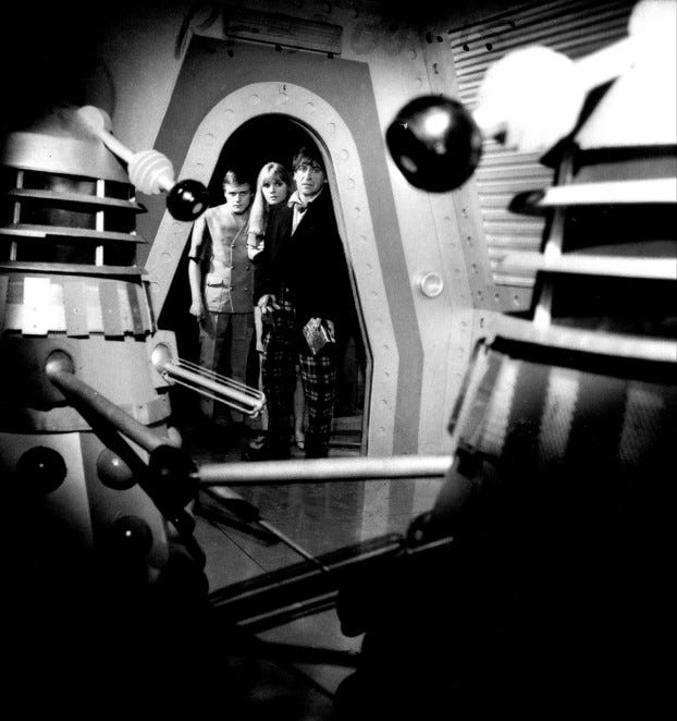 A shot of Dr Who, Ben and Polly discovering dormant Daleks in The Power of the Daleks (1966)