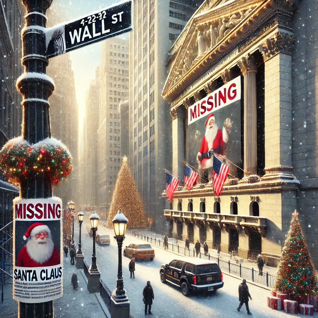 A realistic illustration of Wall Street in winter, showing the New York Stock Exchange building in the background with festive lights and snow falling. However, there is a sense of something missing — posters on street poles and walls reading 'Missing: Santa Claus' as if Santa is lost. The atmosphere combines holiday cheer with mystery and concern. There are pedestrians looking at the posters, and a noticeable absence of Santa's presence. The image is detailed, capturing the iconic Wall Street setting with a creative twist.