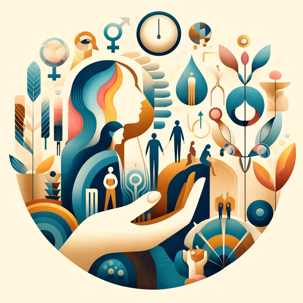 Create an abstract and sensitive illustration that reflects the thoughtful and careful approach to treating gender incongruence in Austria as described in Anna Goldenberg's article in FALTER. The image should depict a serene and supportive environment, with symbolic elements such as a gentle hand representing guidance, a clock to symbolize the time given to think, and subtle representations of puberty's physical changes. Include abstract figures of adolescents at different stages of understanding themselves, surrounded by caring professionals in a multidisciplinary team, represented by various shapes and colors. The background should convey a sense of calm and understanding, promoting a supportive atmosphere for youth navigating their gender identity.