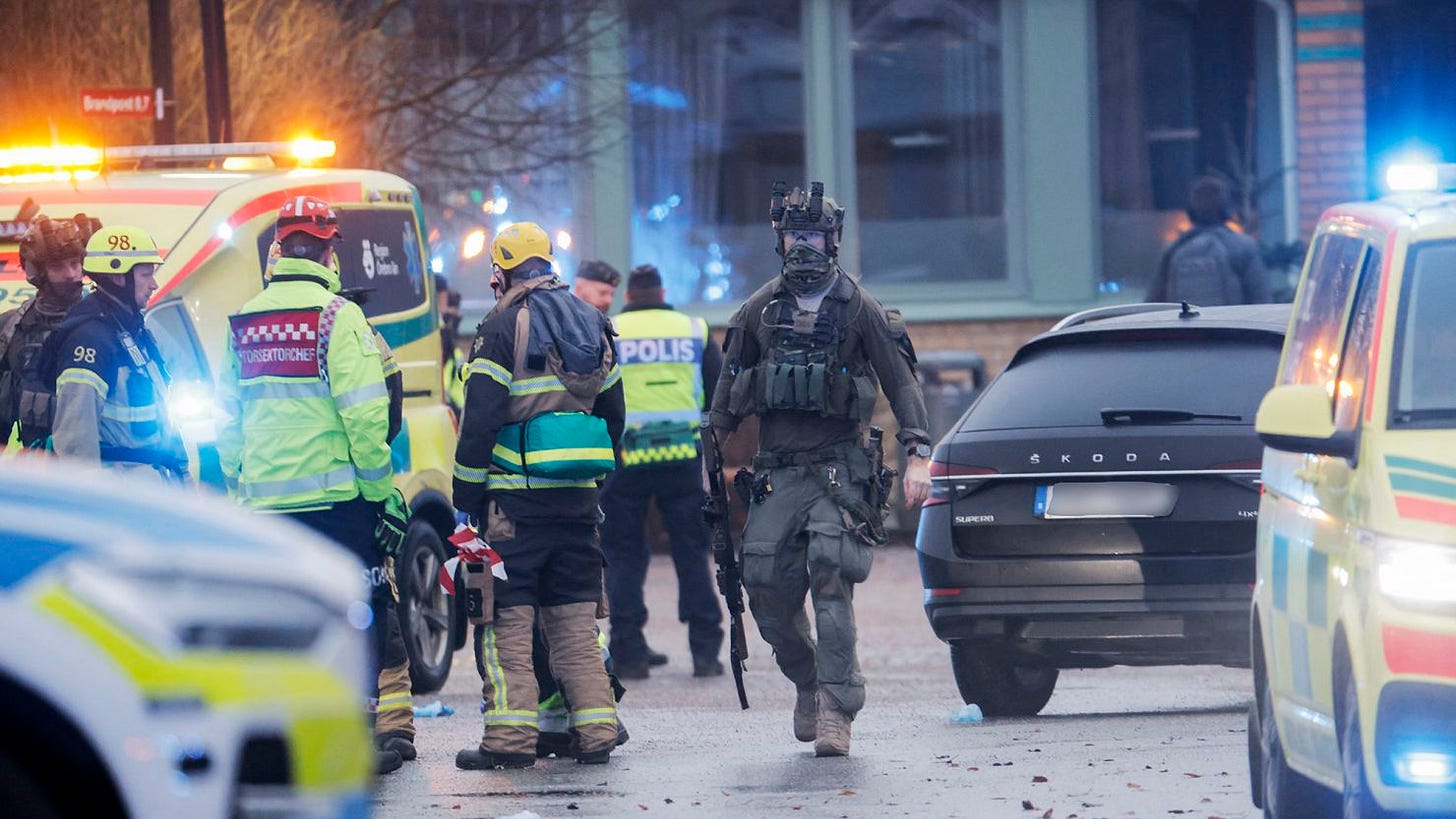 Police at the scene of a shooting at a school in Örebro, central Sweden, on February 4. Authorities urged members of the public to stay away from the area on Tuesday.