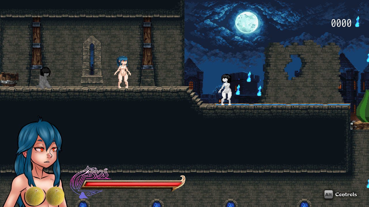 A naked woman stands at the end of the corridor of a medieval caste while a zombie is in front of her