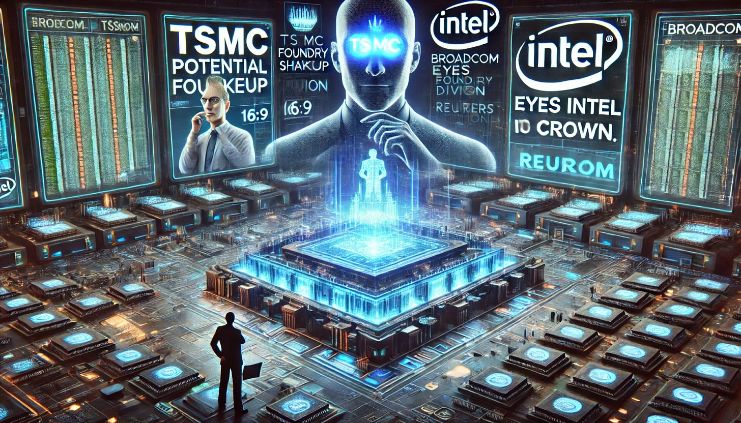 A 16:9 futuristic illustration depicting a potential foundry shakeup as TSMC eyes Intel’s crown. The scene features a high-tech semiconductor battlefield, with a glowing TSMC logo on one side and Intel’s foundry division on the other, symbolizing a competitive takeover. In the center, Broadcom is shown examining Intel’s design arm, represented by a holographic blueprint. Holographic financial charts and news reports from sources like The Wall Street Journal and Reuters hover above, highlighting the rumored deal. The background features a futuristic semiconductor lab, symbolizing the potential industry shift.