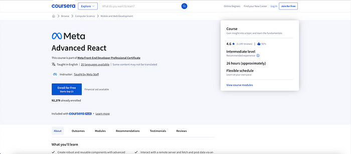 Meta Advanced React course details on Coursera