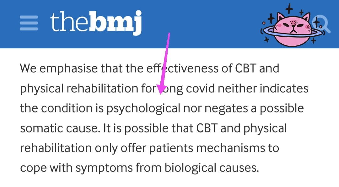 Screenshot from the BMJ website discussing the effectiveness of CBT and physical rehabilitation for long COVID, emphasizing that these treatments do not imply a psychological condition nor dismiss a possible somatic cause.