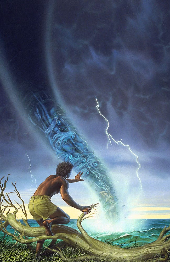 A dark skinned man wearing cut off shorts steps over the trunk of a driftwood tree to reach toward a cyclone touching down just off shore. At the bottom of the vortex, a woman in distress covers her eyes with her arm as twisted spirits reach down the funnel toward her. The naked forms of the spirits sometimes appear human but lower down the faces distort and limbs elongate. Forks of lightning spark against stormy clouds over turbulent green water.