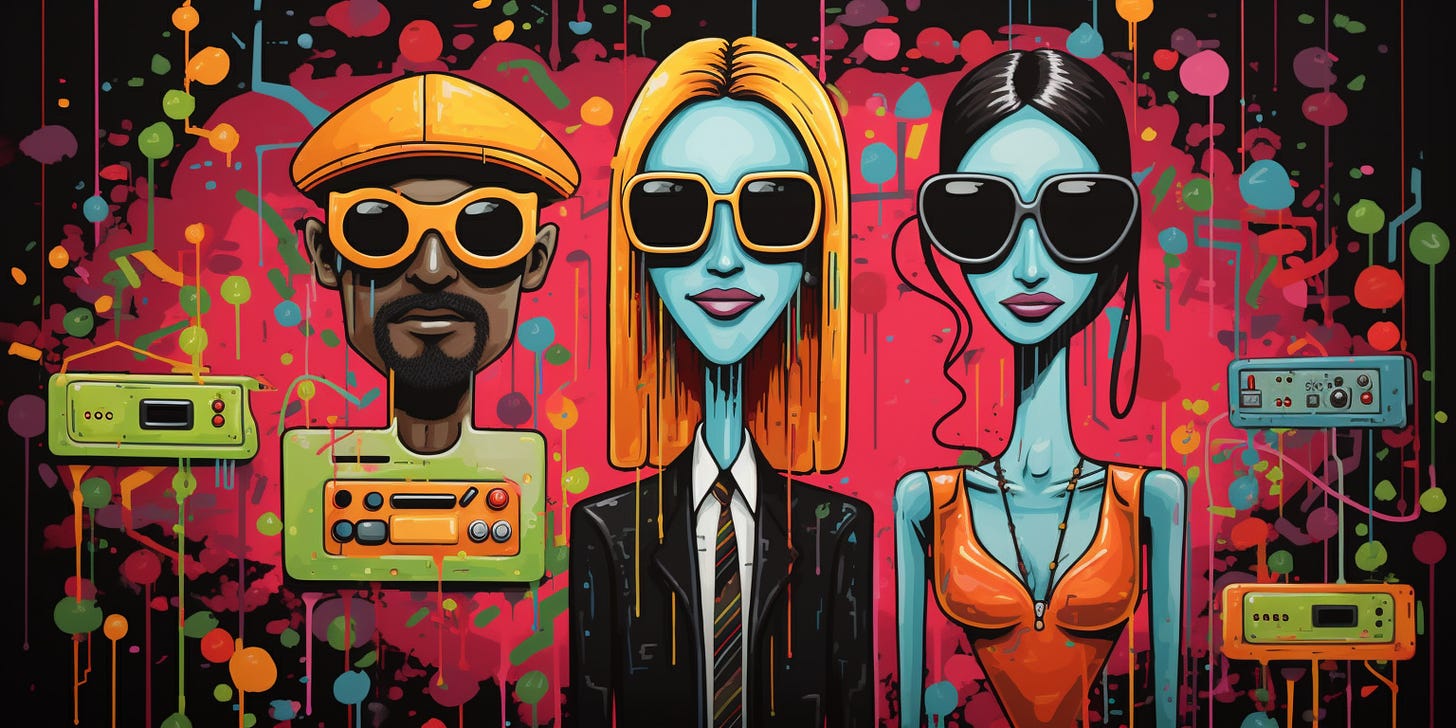 abstract illustration of Snoop Dogg, Paris Hilton, and Kendall Jenner, in the style of Outsider Art