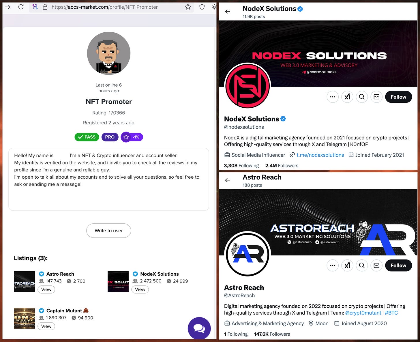 screenshot of user "NFT promoter" on accs-market dot com, with listings for 3 X accounts: @crypt0mutant, @nodexsolutions, and @AstroReach, accompanied by screenshots of @nodexsolutions, and @AstroReach's profiles