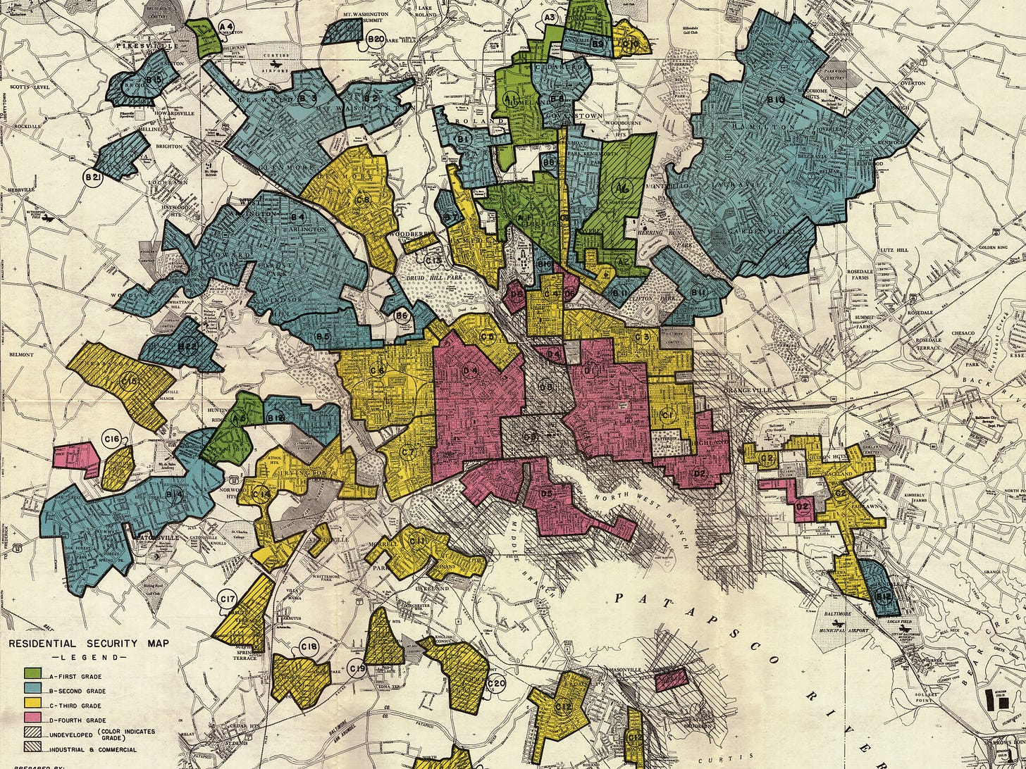 A “Residential Security Map” of Baltimore from 1937, showing areas of the city residentially “graded” by the federal government. From the city center, areas generally move from red to yellow to blue and green.