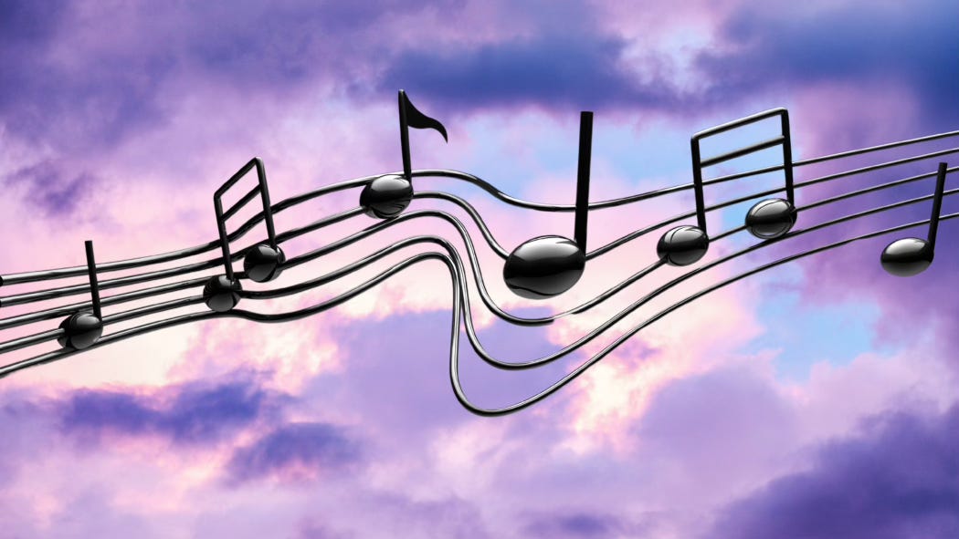 Music notes dance across a skyscape filled with purple and blue clouds