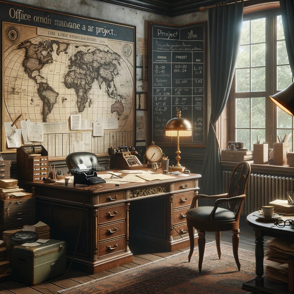 An old office managing a project, featuring vintage furniture like a large wooden desk cluttered with papers, charts, and project plans. An old-fashioned telephone and a large, detailed world map on the wall. A blackboard with project timelines and milestones, and an antique floor lamp casting a warm glow. A classic typewriter sits on a side table, with a cup of coffee and reading glasses nearby. The room has high ceilings and large windows with heavy curtains, evoking a sense of historical elegance and focused work environment.