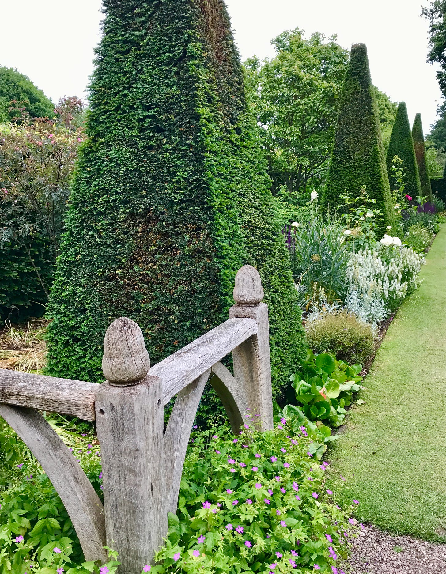 Newly pruned yew that are kept in very tight shape make this garden have more dynamic energy when they are set against exuberant planting. Newly pruned yew that are kept in very tight shape make this garden have more dynamic energy when they are set against exuberant planting.