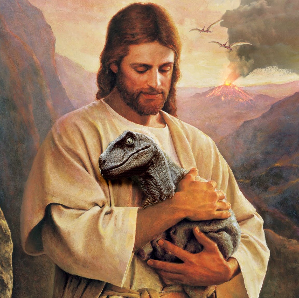 Silly realistic painting of Jesus holding a baby raptor dinosaur.
