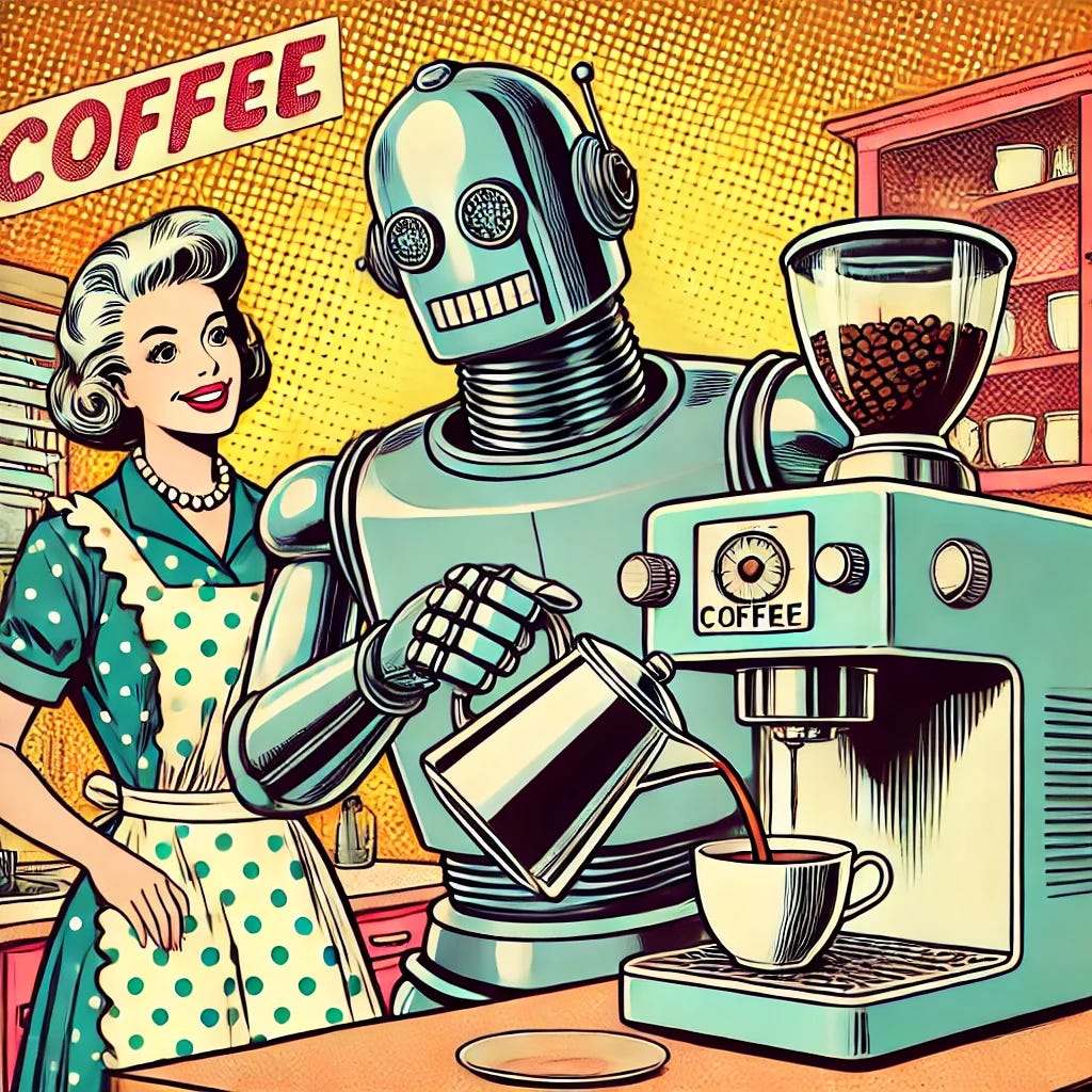 A retro-futuristic robot making coffee in a cozy home kitchen, styled as a 1959 pop art commercial. The robot has a sleek chrome body, large expressive eyes, and a friendly demeanor, using a vintage coffee machine to pour a perfect cup. The scene is filled with mid-century modern aesthetics, featuring warm pastel colors, bold halftone shading, and classic advertising typography. A smiling 1950s housewife, dressed in a polka-dot apron, watches in delight. The overall composition has strong outlines, dynamic energy, and a nostalgic comic book ad feel, but without any speech bubbles.