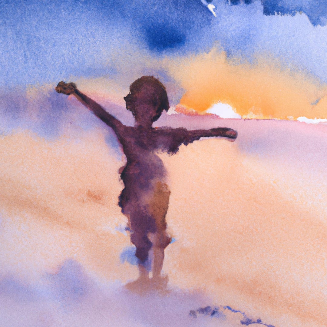 “a watercolor silhouette of a happy child at sunrise”