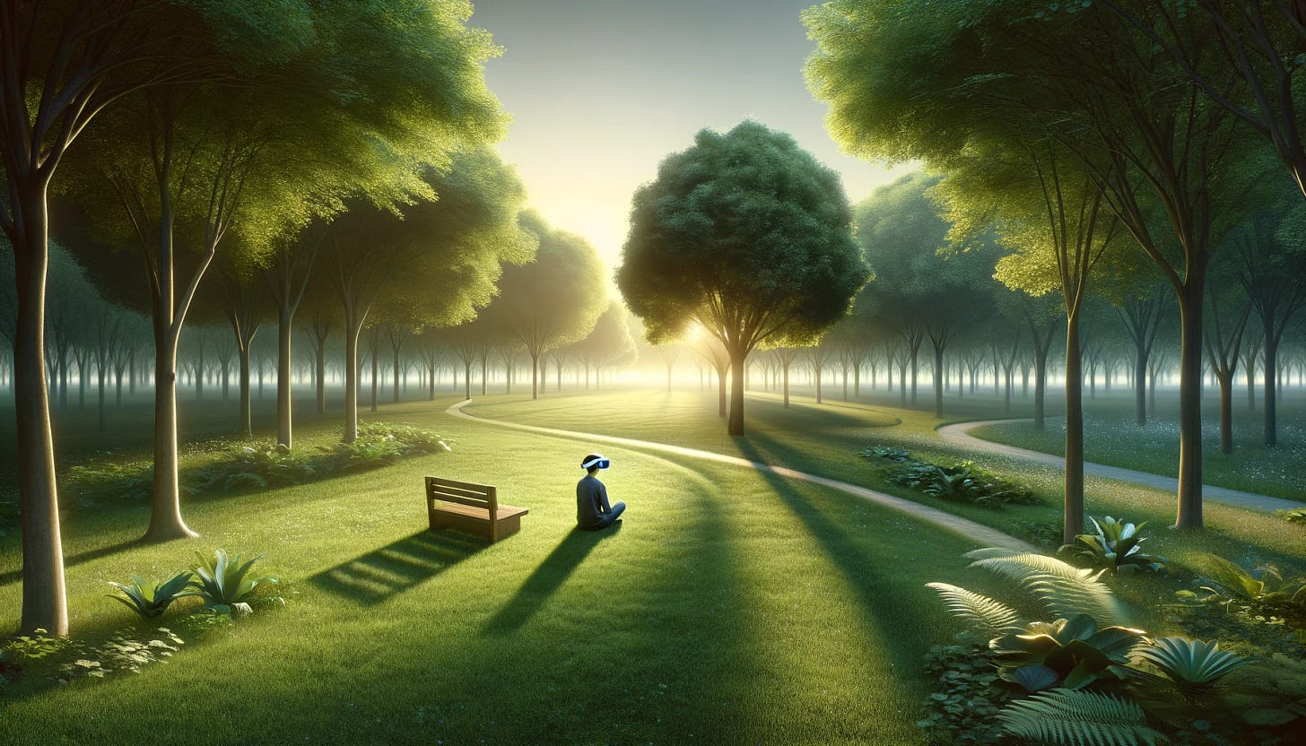 Create a wide image that captures the essence of a serene and less cluttered intersection between digital and physical worlds. The image should focus on a single, clear example of this blending—perhaps a person sitting in a park, surrounded by nature, yet immersed in a virtual reality experience through a headset. The natural surroundings should be calm and inviting, with the early evening light casting long shadows. This scene symbolizes the peaceful coexistence and integration of technology and the natural world, emphasizing the potential for technology to enhance our interaction with reality rather than detract from it. The image should convey a sense of harmony and simplicity, illustrating the concept of living in a world where the boundaries between digital and physical are subtly intertwined.