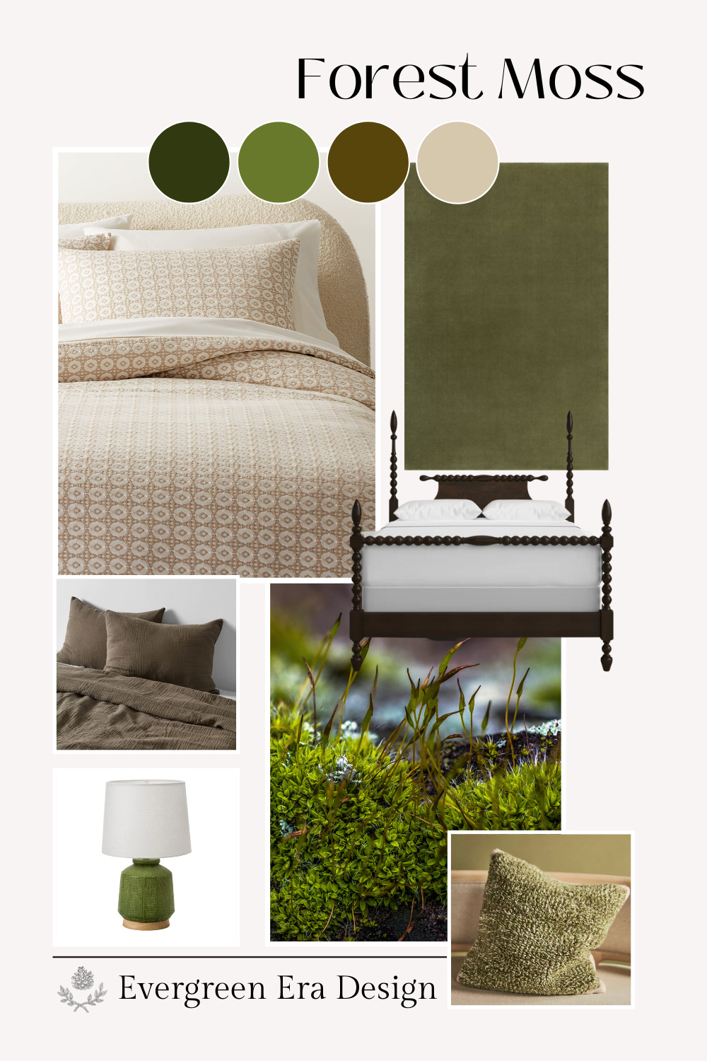 Bedroom mood board based on nature, forest moss.