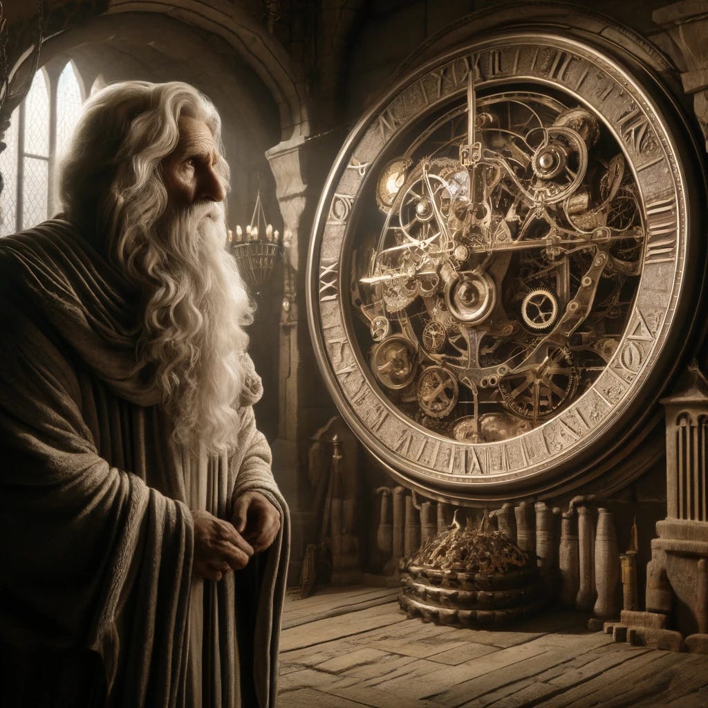 Chronos, the Greek god of time, standing in a medieval setting, gazing intently at a large mechanical clock. Chronos is depicted as an elderly, wise figure with a long white beard, wearing flowing robes. The mechanical clock has intricate gears, cogs, and ornate details typical of medieval craftsmanship. The background shows a stone-walled room with gothic arches and dim lighting, giving a sense of ancient and mystical atmosphere.