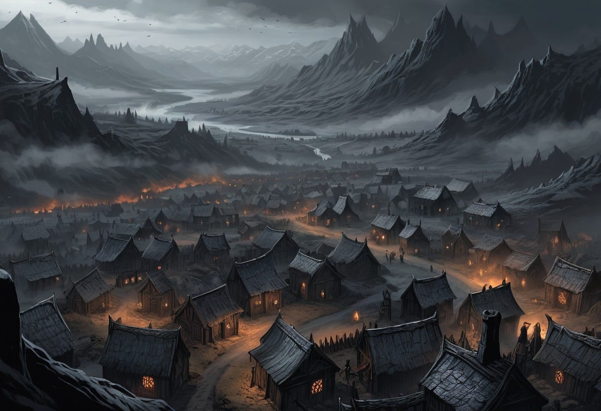 Village of The Easterlings in Foggy Mordor | Stable Diffusion Online