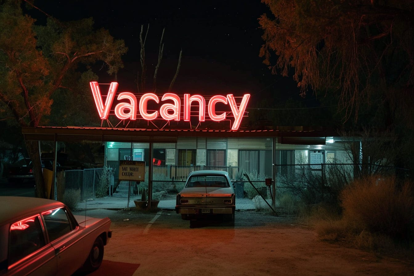 Midjourney result for Neon sign by a shady motel that says "Vacancy"