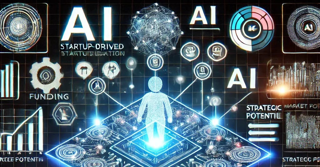A visually engaging illustration of an AI-driven startup evaluation framework. The image features futuristic digital elements, such as holographic charts, AI icons, and interconnected nodes representing strategic growth paths. In the foreground, a diverse group of professional investors are analyzing a virtual projection of a startup ecosystem, highlighting data points like funding, market potential, and innovation. The overall style is modern and sleek, with a professional yet inspiring tone, emphasizing growth and innovation.