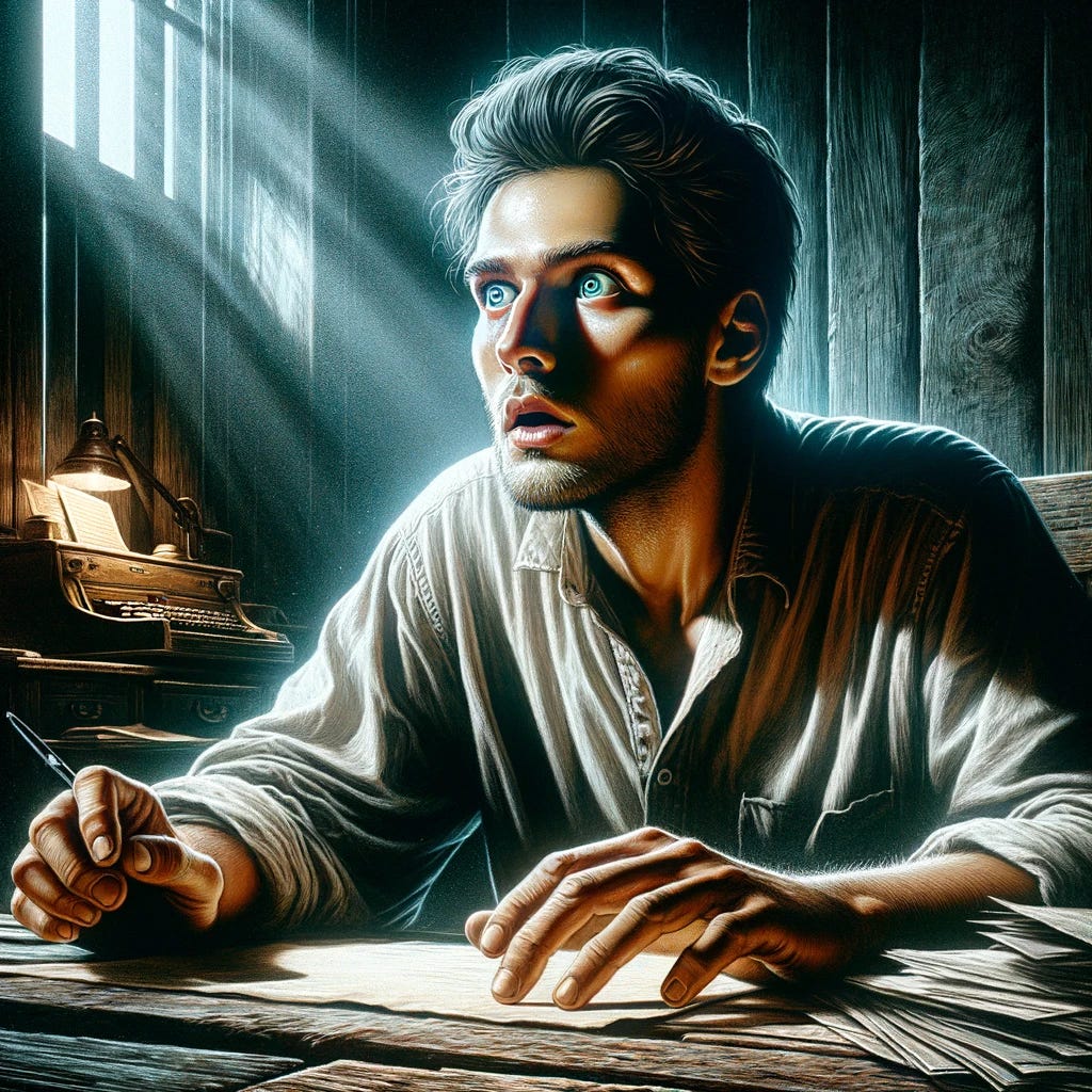 A digital painting of a man in a moment of sudden realization, his eyes wide and focused, reflecting a mix of surprise and understanding. The setting is a dimly lit room, with the only light source coming from a nearby window, casting a dramatic effect on his face and highlighting his expression. He's seated at a rustic wooden desk, cluttered with papers and a laptop, suggesting he's been working or researching. The background is blurred, emphasizing the man's reaction as the focal point. His posture is slightly leaned forward, hands paused in the air, as if he's just stopped typing or writing. This moment captures the essence of discovery and the profound impact of new knowledge. Drawn with: digital software, using a realistic style with detailed shading and textures to enhance the emotional intensity. Style influences: contemporary digital portraiture, focusing on expressive facial features and the interplay of light and shadow.