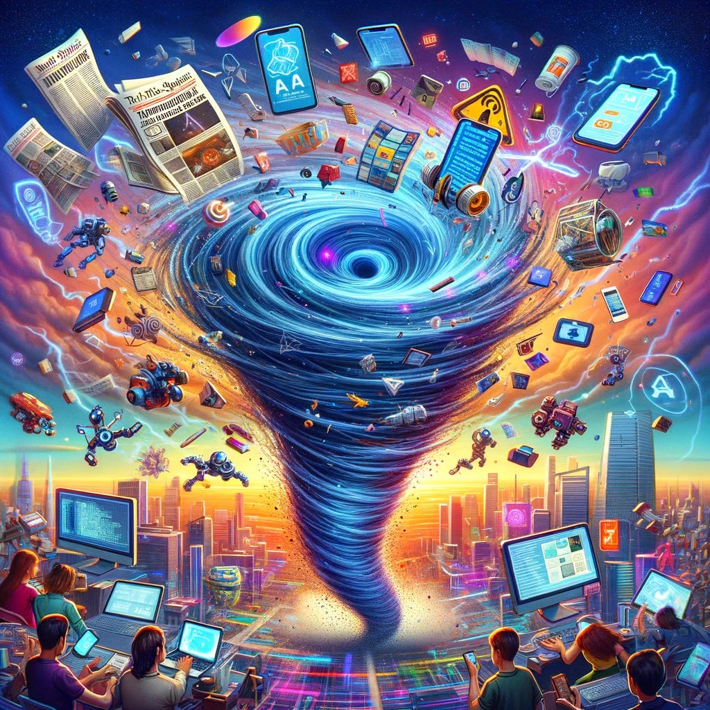 A dynamic and chaotic scene depicting a tornado swirling with a variety of AI-related news and items. In the tornado, there are scattered newspapers with headlines about AI breakthroughs, floating smartphones displaying AI apps, holographic projections of AI algorithms, and swirling lines of code. Around the tornado, people of diverse appearances are using various AI gadgets like smart glasses, robotic arms, and virtual reality headsets. The style is a blend of animated and realistic, with a vibrant color palette. The tornado itself is powerful and dramatic, set against a backdrop of a digital cityscape with futuristic buildings. The sky is a surreal blend of twilight hues, adding to the fantastical atmosphere.