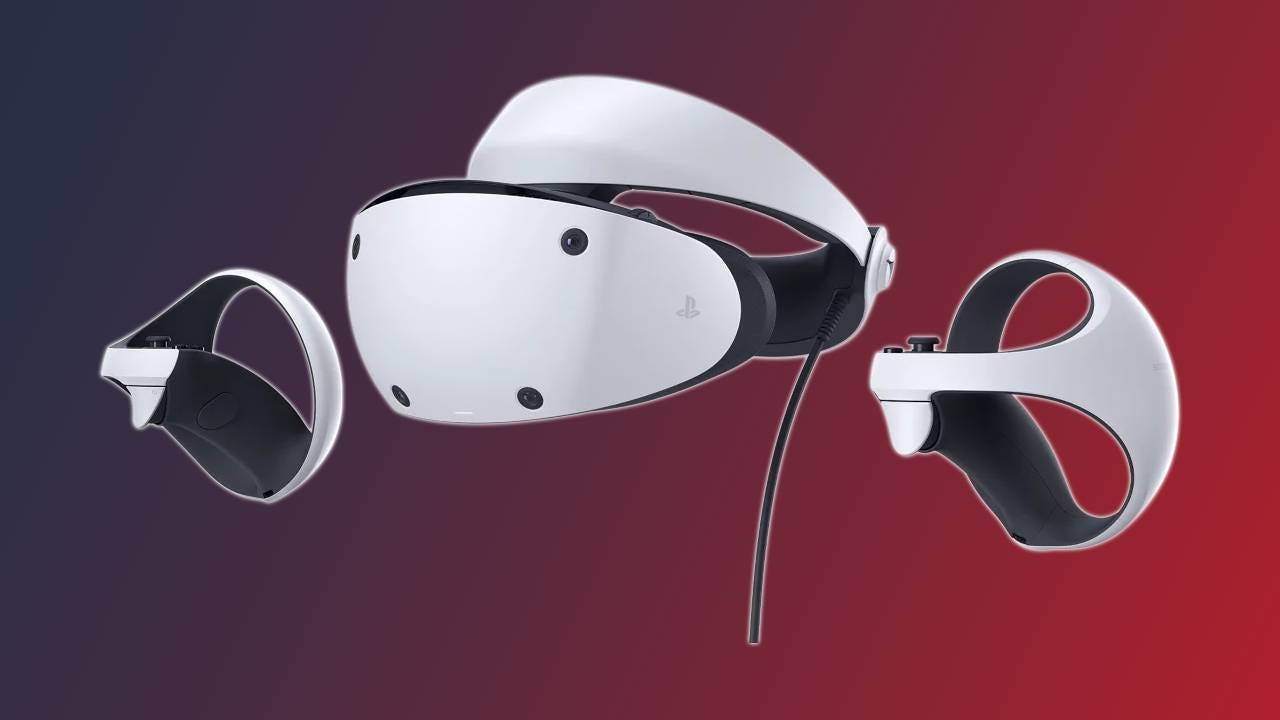 The PSVR 2 headset visor and two controllers