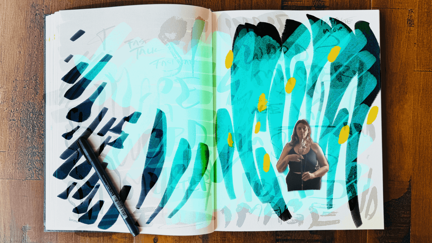 looping gif of a sketchbook filled with moving words, blue, black and yellow digital paint and a digital photograph of Lisette Murphy holding an iris appear collaged on the right page of the notebook.